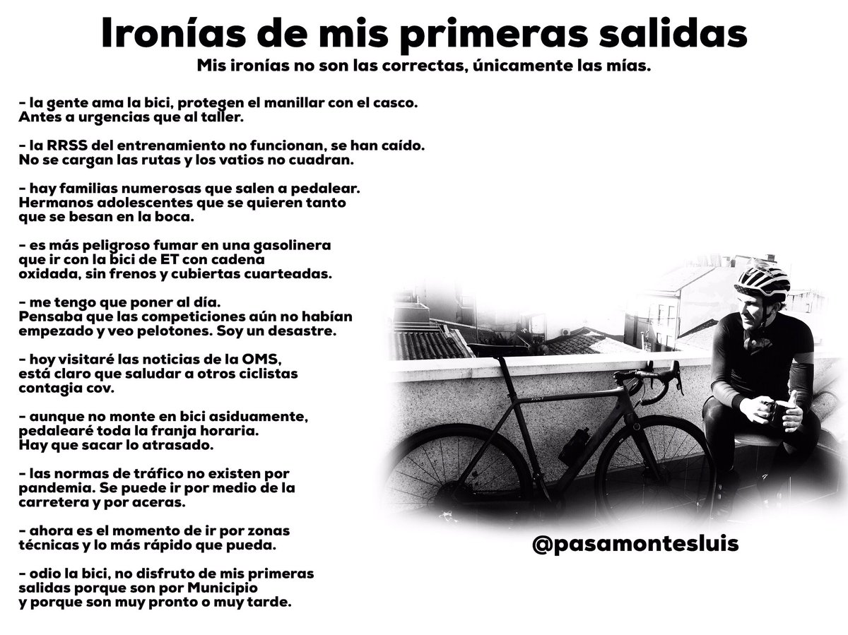 Pues eso...convirtamos la ironía en el manual de lo que no. 
♥️🚲 ♥️
MUCHA SALUD PARA TOD@S!!!

#respeto #civismo #salud #portodos #mecuido #tecuido #jovenestambien #respetoencarretera #notodovale #sentidocomun #cyclinglife #ironia #cyclingpassion