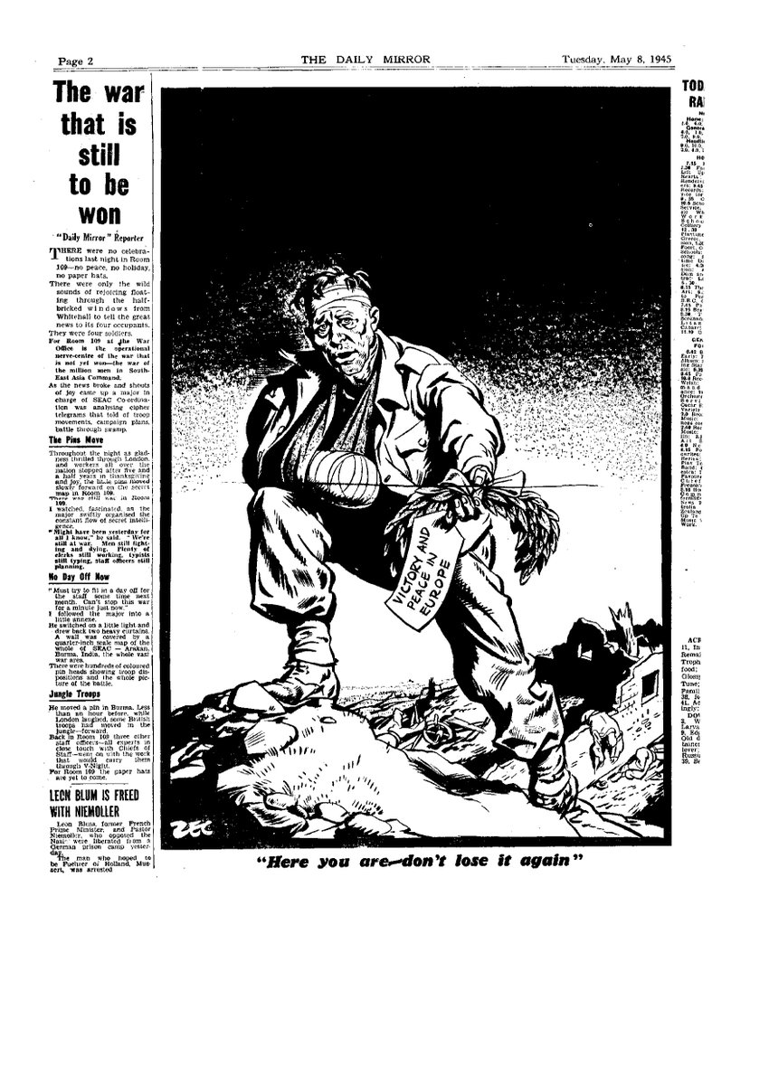 This was on page 2 @DailyMirror 75 years ago today. Our legendary cartoonist Philip Zec. Victory and Peace in Europe: 'Here you are! Don't lose it again!' #VEDay75