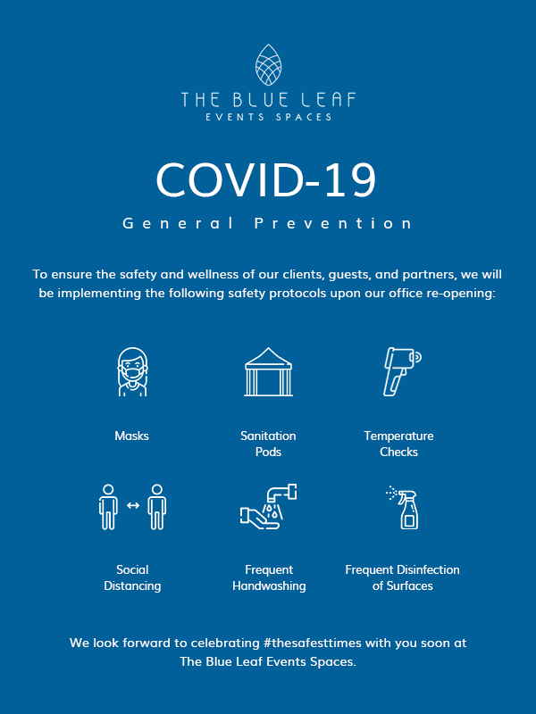 TheBlueLeaf's tweet photo. To ensure the safety and wellness of our clients, guests, and partners, we will be implementing the following safety protocols upon our office re-opening: https://t.co/VrDpt7shrm
