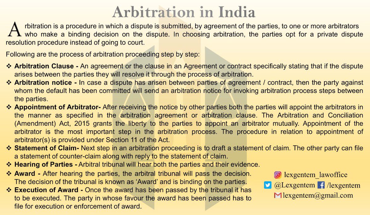 Lexgentem's tweet photo. Arbitration in India #arbitration #appointmentofarbitrator #interimrelief #setasideofarbitralaward #arbitralaward #challengearbitrationproceeding #arbitrator #arbitrationandconciliationact #arbitrationlawyer #delhihighcourt #districtcourt #law #lawyer #arbitrationproceeding #ICA https://t.co/ZsNjH7tN08
