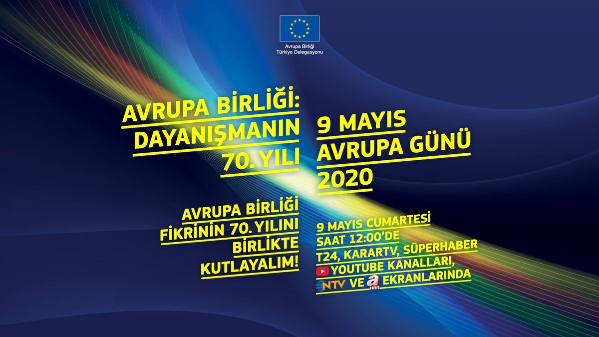 EUDelegationTur's tweet photo. 🇪🇺Avrupa Birliği neler yapıyor?AB hakkında bilgi sahibi sahibi olmak ister miydiniz? Değerli konuklarımızın katılımıyla AB’nin 70. yılını kutluyoruz. 9 Mayıs 12:00’de özel yayında Delegasyon &amp; ortaklarının YouTube kanallarından, @Ahaber &amp; @NTV’den takip edebilirsiniz. #AvrupaGünü https://t.co/1IUgzQx7Zr