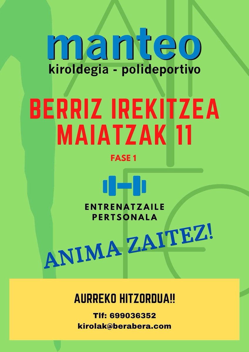manteokiroldegi's tweet photo. MANTEO BERRIZ IREKITZEA, maiatzak 11, astelehena. 1º FASEA

Astelehenean Manteo irekitzen dugu Osakidetzaren gomendioak jarraituz.

👏🏼👏🏼👏🏼🏋🏻‍♀️🤸🏻‍♀️👍🏼👍🏼👍🏼 https://t.co/2Wwu2VF4xD