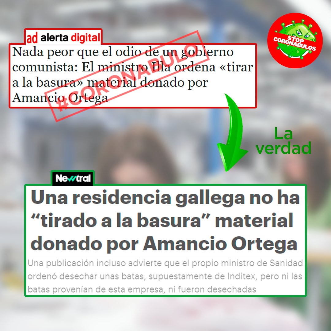 stopcoronabulos's tweet photo. 🚨100% FALSO. ¡No, no se ha tirado a la basura el material donado por Amancio Ortega a una residencia gallega! 

Es un #coronabulo del portal ultra Alerta Digital. Las batas de esa residencia ni eran de Inditex ni se han desechado ni había orden del ministro Illa de hacerlo. https://t.co/lFsnTYo9Zj