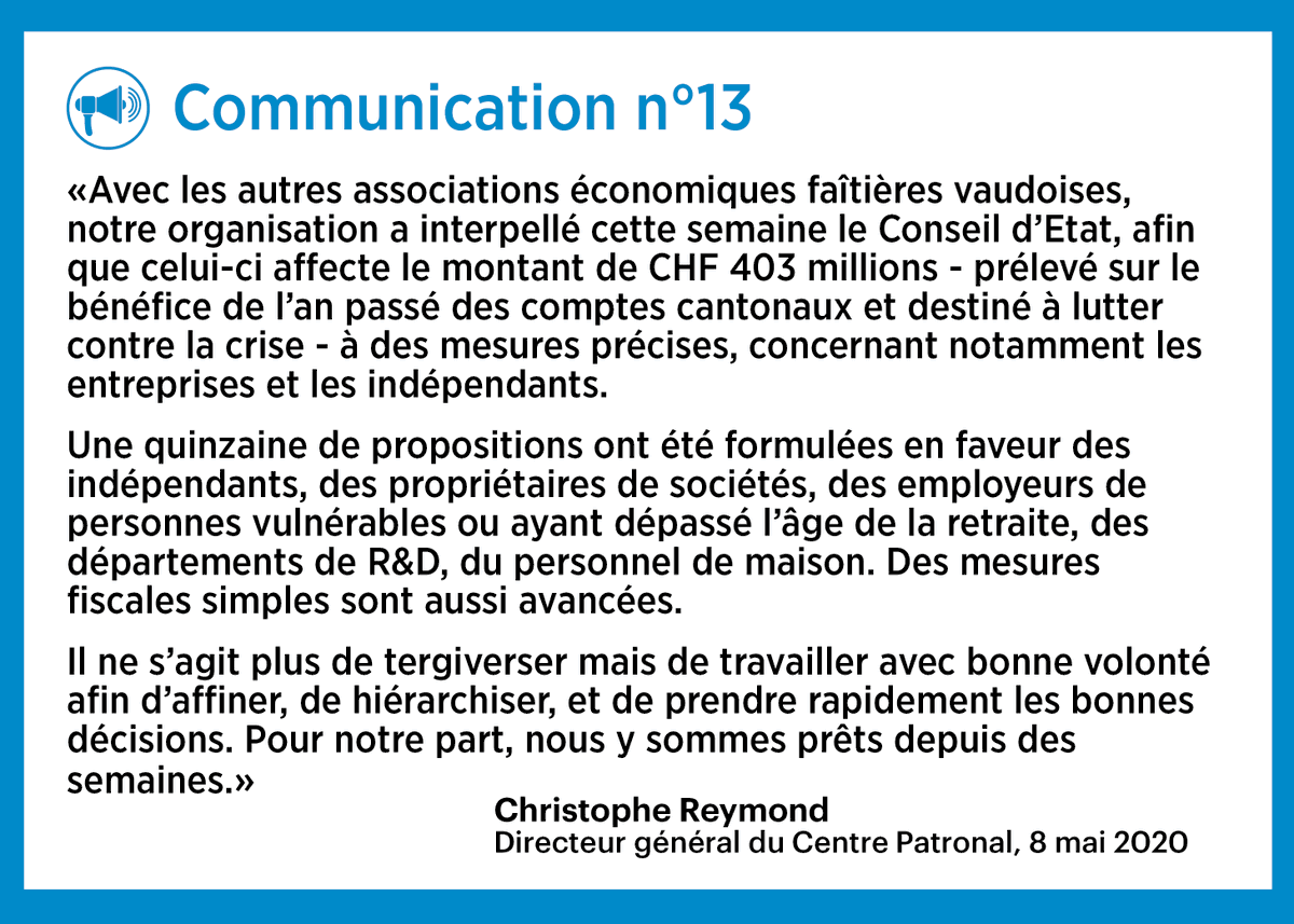 Communication n°13. Les 403 millions prévus par l'Etat de Vaud doivent être affectés à des mesures précises concernant notamment les entreprises et les indépendants <a href="/chreymond/">Christophe Reymond</a> #Coronavirus #COVID19 #SARSCOV2 #entreprises #repriseEconomique