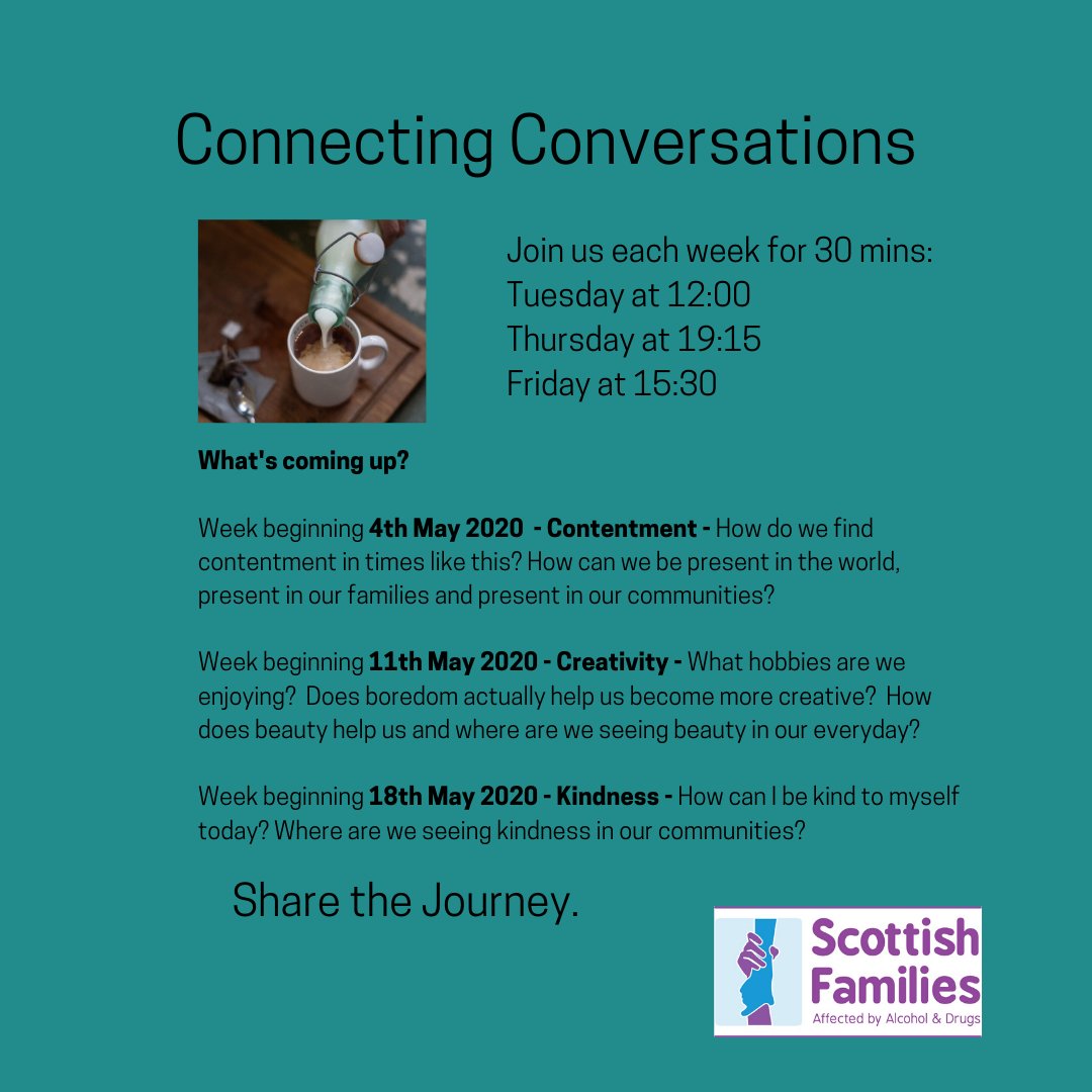 ScotFamADrugs's tweet photo. The theme for this week’s #ConnectingConversations is Contentment. How do we find contentment in times like this? 

Bring your thoughts &amp; questions &amp; join us today at 3.30pm for a blether with our lovely host @susiesfad #ShareTheJourney ☕

👉 https://t.co/wCoar9jCVB https://t.co/TjFxfCgYcz