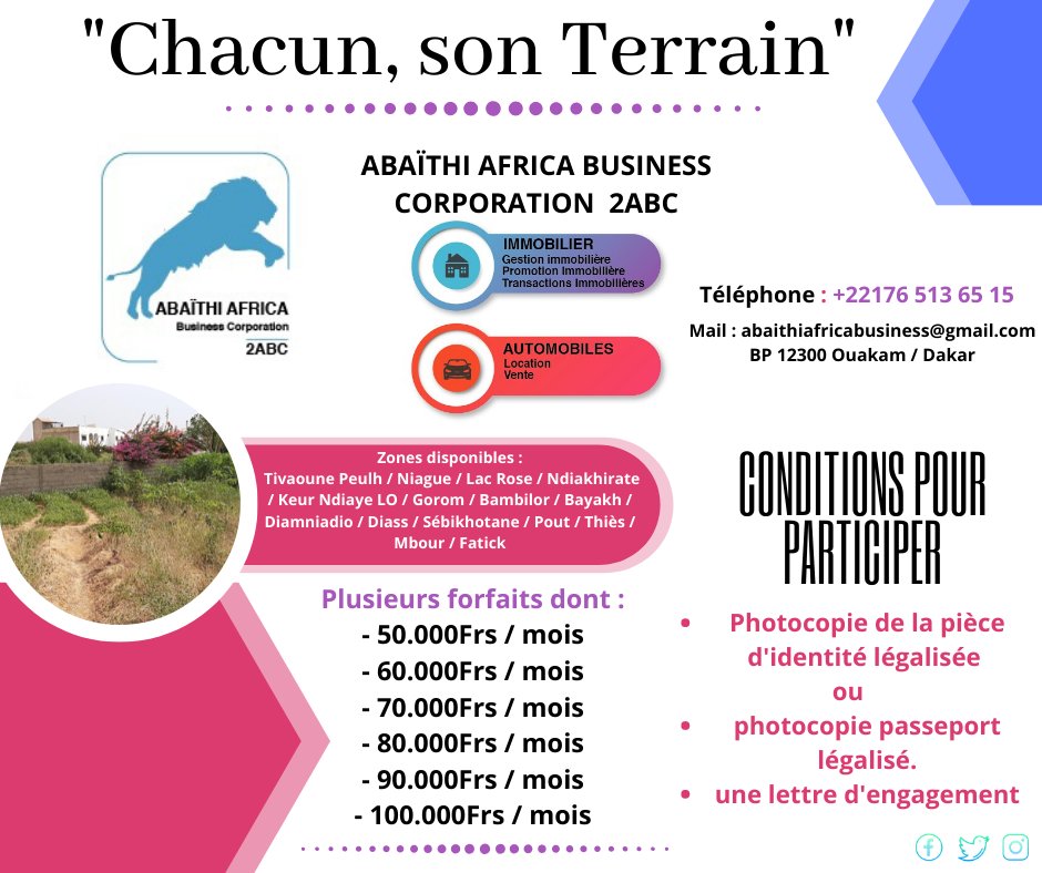 Abaïthi Africa Business Corporation-2ABC lance le concept : ''Chacun, son terrain''.

Plus de détails dans l'affiche...

Contact : +221 765136515
Mail : abaithiafricabusiness@gmail.com

#Immobilier #Terrain #2ABC