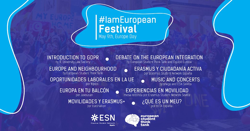 IAJuventud's tweet photo. 🙌¿Tienes algún plan para el Día de Europa🇪🇺? Desde @ESNSpain y @ESThinktank están preparando talleres y sesiones para celebrarlo a través del festival #IamEuropean 📆9 de Mayo.
Toda la información del evento en: https://t.co/PtYnEhhDvA
#THISisESN #ErasmusAtHome #IamEuropean https://t.co/6dsgAAqfGU