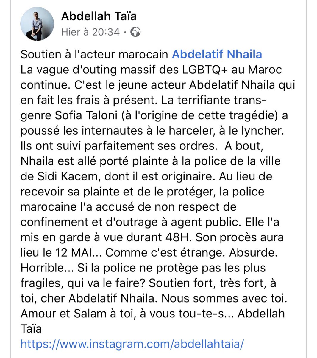 FTVpride's tweet photo. Alerté par #AbdellahTaïa 
Avec @stop_homophobie et @UHomophobie nous apportons notre soutien au comédien marocain @AbdelatifNhaila 🇲🇦 

Victime de la campagne d’#outing lancée par #SofiaTaloni il porte plainte mais la police l’accuse à son tour. Son procès est prévu le 12/05‼️🏳️‍🌈 https://t.co/18WGqb1Hp8
