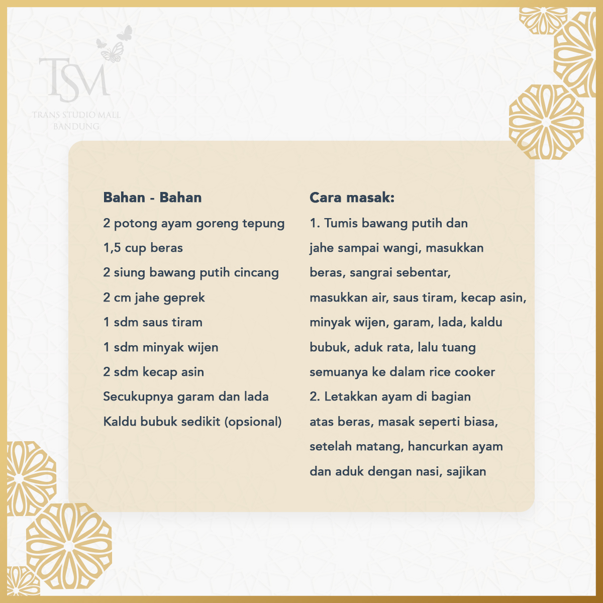 TSMbandung's tweet photo. #TSMLovers udah pernah coba buat nasi ayam yang lagi viral ini belum?
Yuk buat, bisa untuk menu sahur kamu dan keluarga lho!
Credit to @lilyminarosa
#AkucintaTSM #TSMBandung2020 #transstudiomallbandung #mallindonesia #bandunginfo #bandungjuara #bandung #infobandung https://t.co/fvQX2MUd22