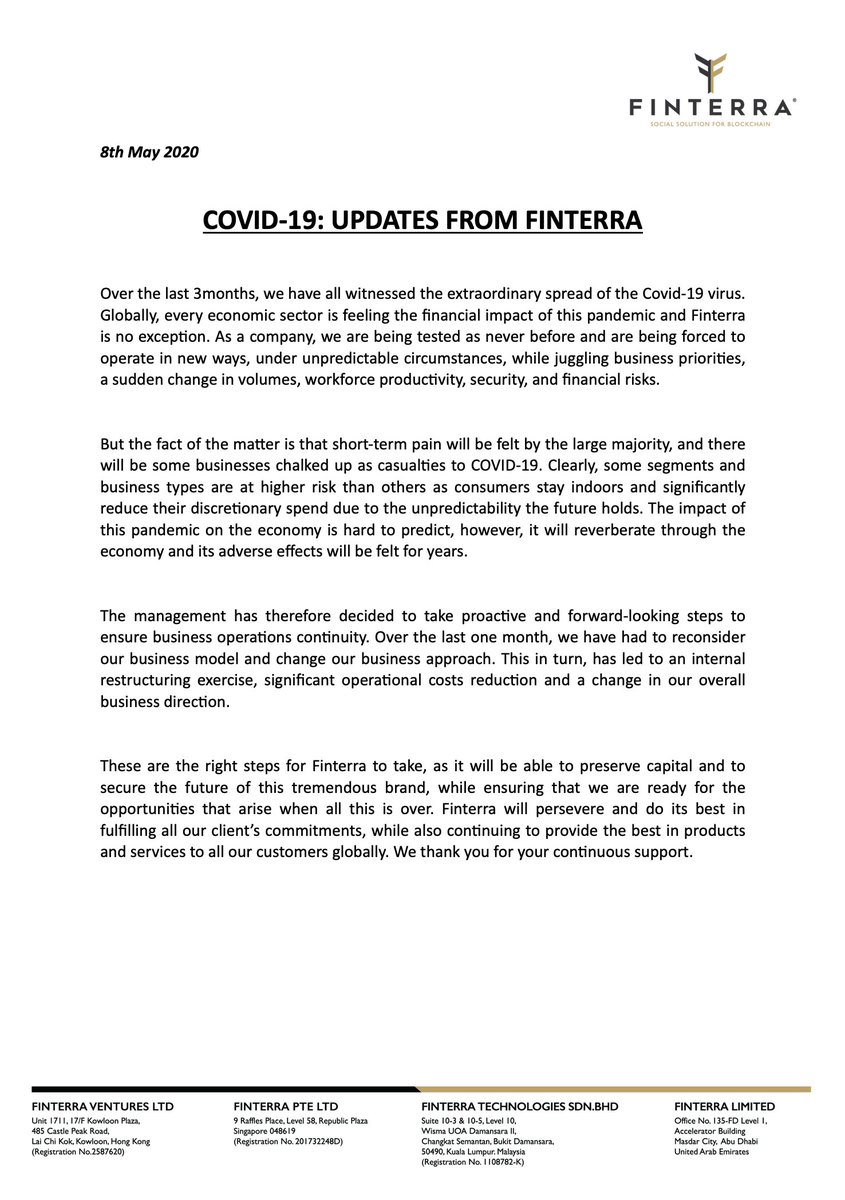 Finterra2u's tweet photo. COVID-19: UPDATES FROM FINTERRA

#Finterra #Socialsolutionforblockchain #Pandemic #Businesscontinuity #Businesscontinuityplan  #Pandemicplanning #Virus #Corona #covid19 #COVID19Malaysia https://t.co/58lDJWVjHB