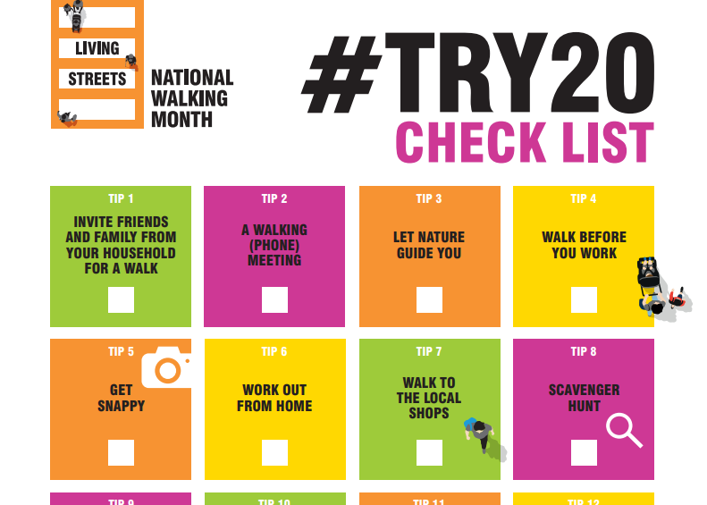 Our #Try20 tips are designed to help everyone fit in 20 minutes of walking every day 🕑🚶‍♀️

Download our #NationalWalkingMonth checklist and see how many you can get through this weekend!

livingstreets.org.uk/media/5119/ls-…