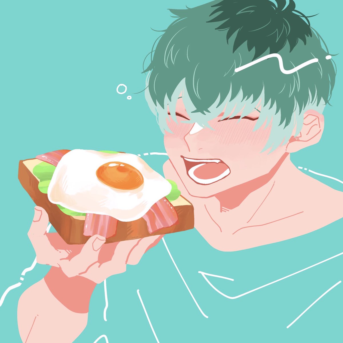 1boy male focus fried egg egg (food) food solo open mouth  illustration images