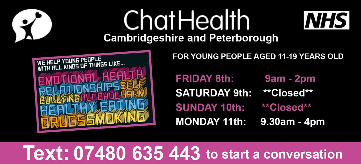 CambsPboroCYP's tweet photo. Aged 11-19? Need some help with your emotions, relationships or home life? Our text messaging service #ChatHealth is still here for you TODAY 9am - 2pm TEXT 07480 635 443 #ChatHealthCambsPboro #ChatHealthIsHereToHelp
@ccs_nhst @CPFT_NHS @CambsPboroCCG https://t.co/yQNmjmOBpo