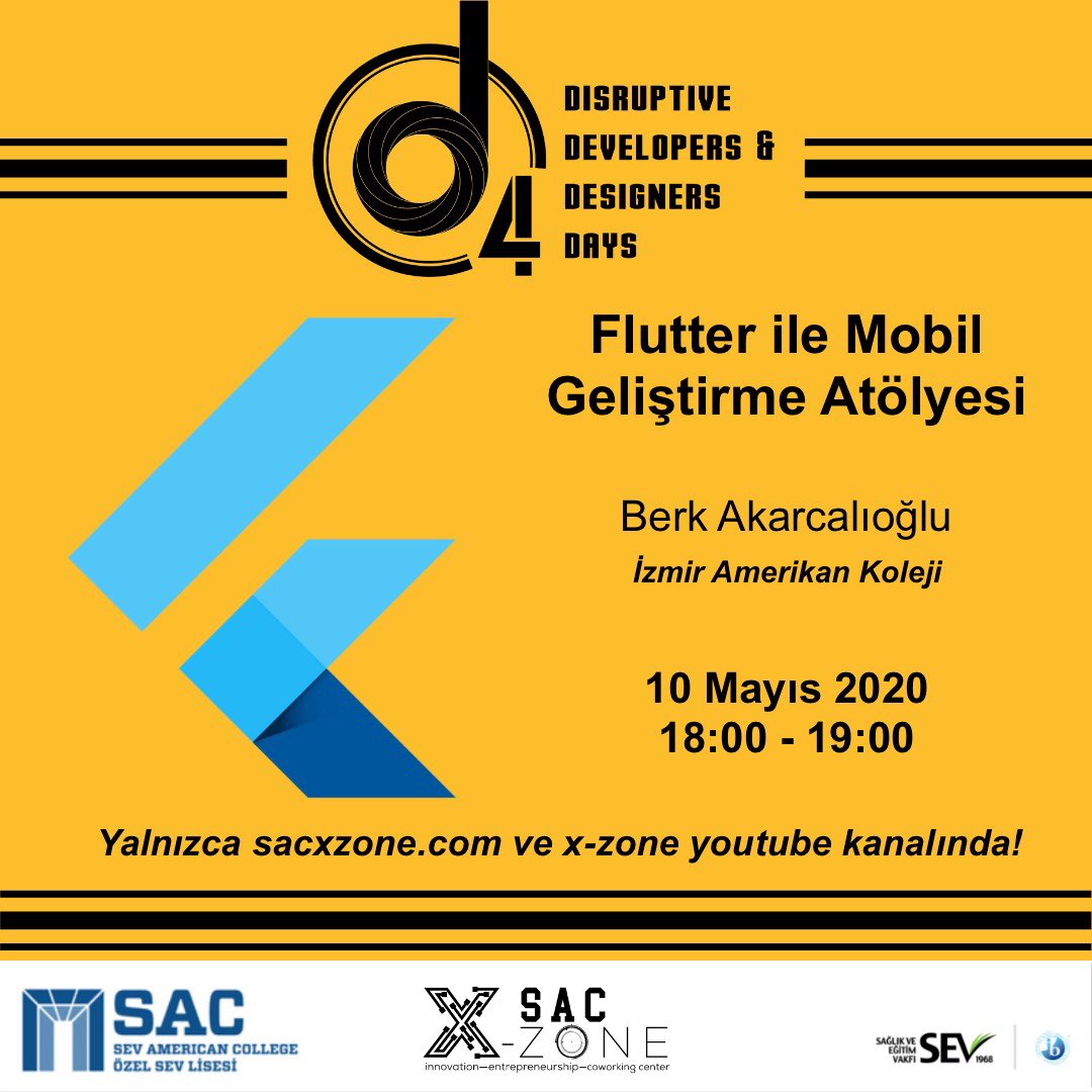 SAC_XZone's tweet photo. İzmir Amerikan Koleji’nden  Berk Akarcalıoğlu “Flutter ile Mobil Geliştirme” atölyesi ile bizlerle olacak. 
Yeni duyurular için Instagram, Facebook ve Twitter hesaplarımızı takip edin ! @sacxzone #sacxzone #evdekal #d4 #xzone @sevamerican @acigarage https://t.co/4jZmSDcmht