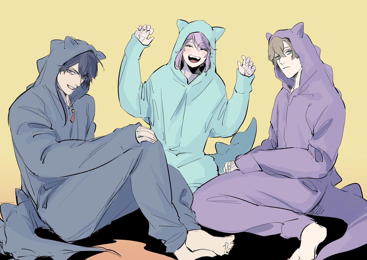 3boys multiple boys male focus smile barefoot purple hair hood  illustration images