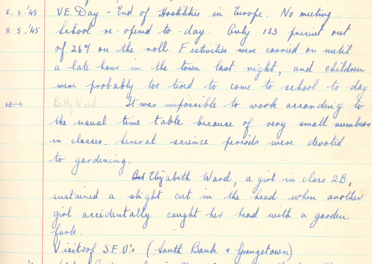 StPetersCC's tweet photo. As we celebrate the 75th anniversary of VE Day, we look at St Peter's Headteacher's log book from 1945 to see how the end of the war was celebrated. Quite a party! After 3 days off to celebrate, the festivities still continued! #StPetersHistory #EternallyGrateful #PoorElizabeth https://t.co/ahazOx2MH8