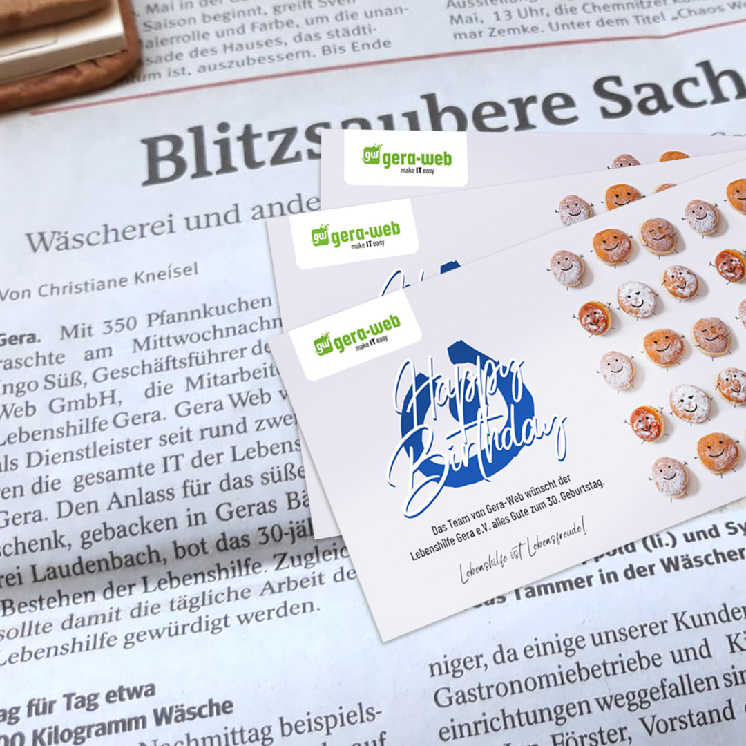 GeraGmbh's tweet photo. Mit ca. 350 Pfannkuchen der Bäckerei Laudenbach überraschten wir am Mittwoch, die Mitarbeiter der Lebenshilfe Gera. Das süße Geschenk überreichte Ingo Süß als Dankeschön für 2 Jahre Zusammenarbeit. 🎁🎉

#geraweb #gerawebvorort #gerawebteam  #itingera #meraki #mobilewebseiten https://t.co/NQY2gAJnGw