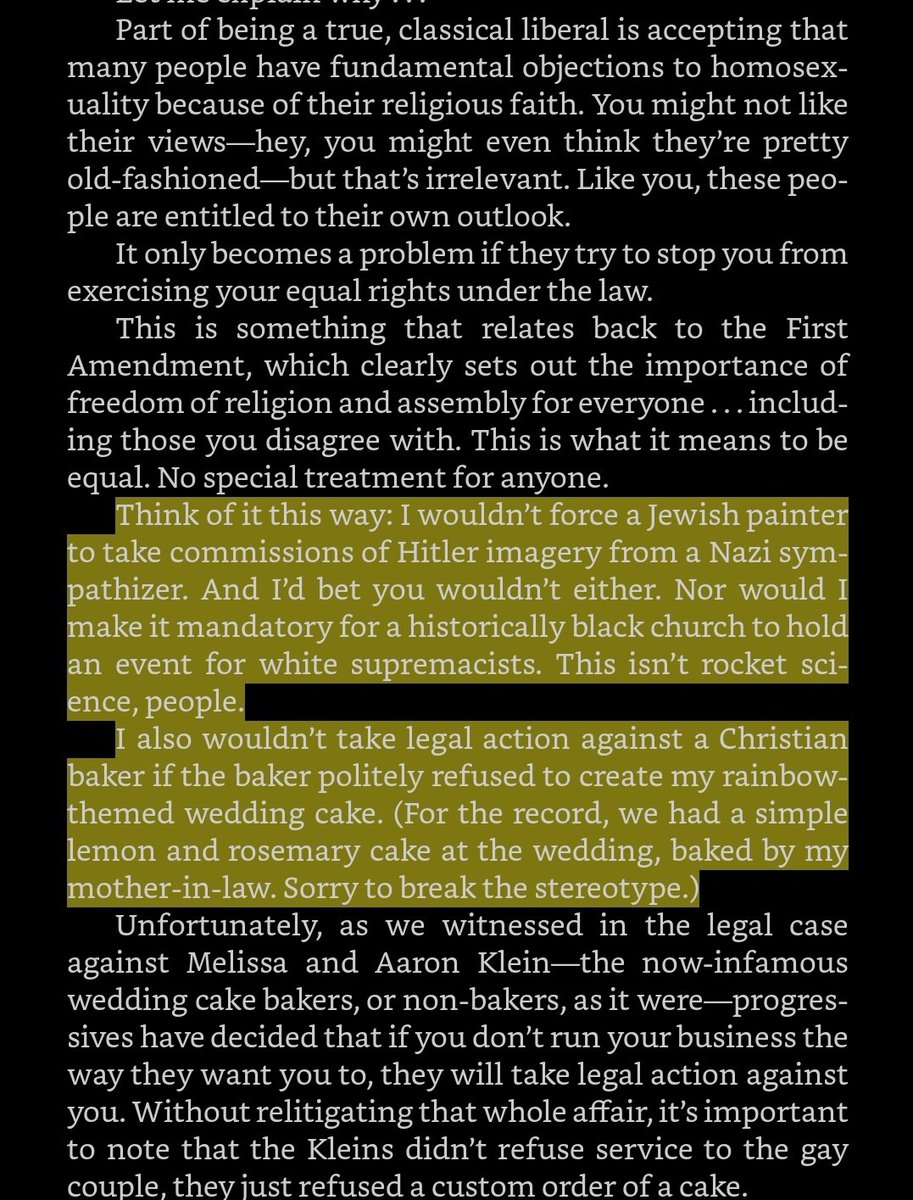 He really just compared a "Jewish Painter to take commissions of Hitler-Imagery from a Nazi Sympathizer" and a "Black Church to hold an event for White Supremacists" to the famous Christian Bakers refuse to make gay cake incident.  #DontBurnThisBook