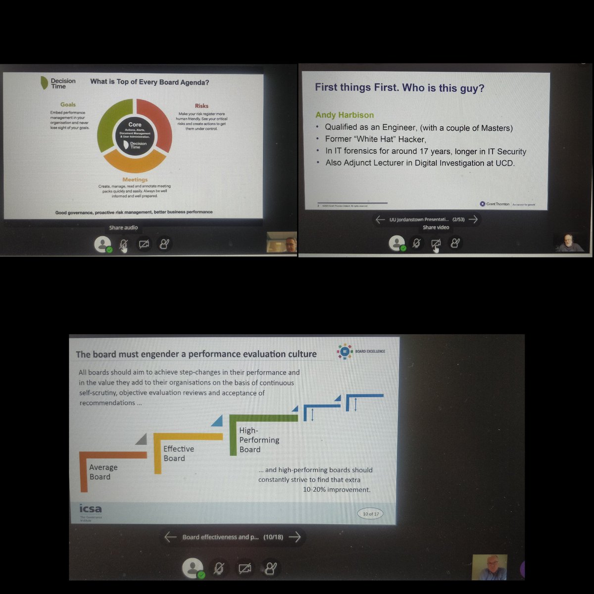 Virtual lectures for MSc Mgmt and Corporate Governance: strong #governance &amp; #leadership has never been more critical: board evaluation Cyberisk &amp; effective online meetings thanks Andy Harbison <a href="/GrantThorntonIE/">Grant Thornton Ire</a> Geoff Higgins <a href="/DecisionTime/">Decision Time – an Advanced company</a> and David O'Callaghan Board Excellence