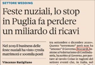 PrimeCommunica2's tweet photo. Feste nuziali, lo stop in Puglia fa perdere un miliardo di ricavi 
#Sole24Ore #8maggio 

#PrimeCommunication #rassegnastampa https://t.co/0dLO62XGqy