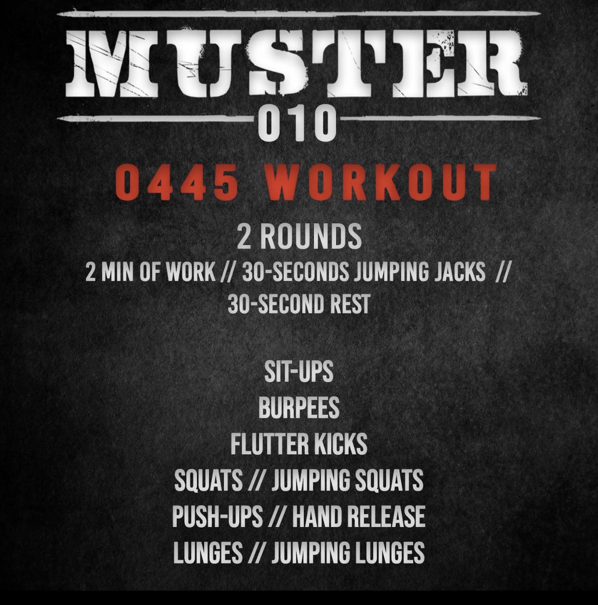 LeifBabin's tweet photo. We can’t be at Muster this week, but you can get a Muster #0445club workout in on your own. No equipment required. Post a photo or video of your workout and tag @echelonfront #MUSTER010 https://t.co/05MEtusjmY