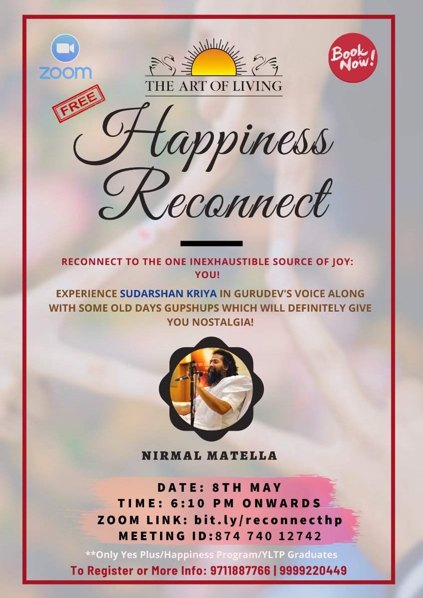 For all my Art of Living friends 😊, we are having a  reconnect/ follow up session with <a href="/nirmalmatella/">Nirmal Matella</a> bhaiya today at 6 pm! Do join in :)
Register - bit.ly/reconnecthp