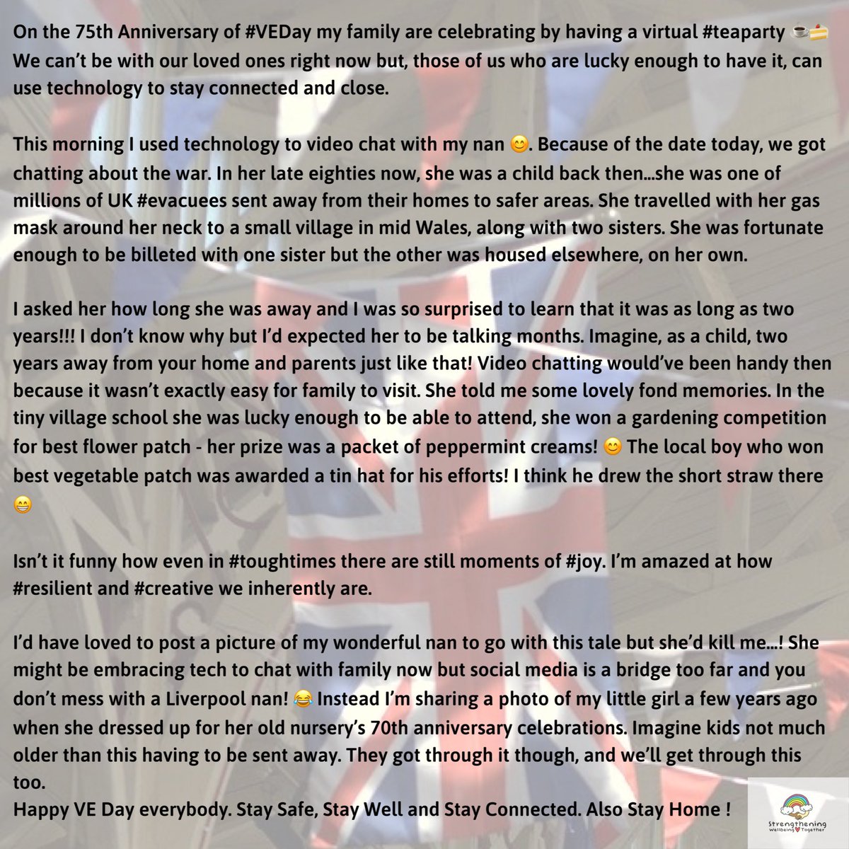 WellbeingTogeth's tweet photo. Happy #VEDay everybody 🇬🇧 Here are a few thoughts after a chat with a WW2 Liverpool evacuee (aka my nan) this morning, if you fancy a little read. #VEDay75 https://t.co/e9d4atJBKP