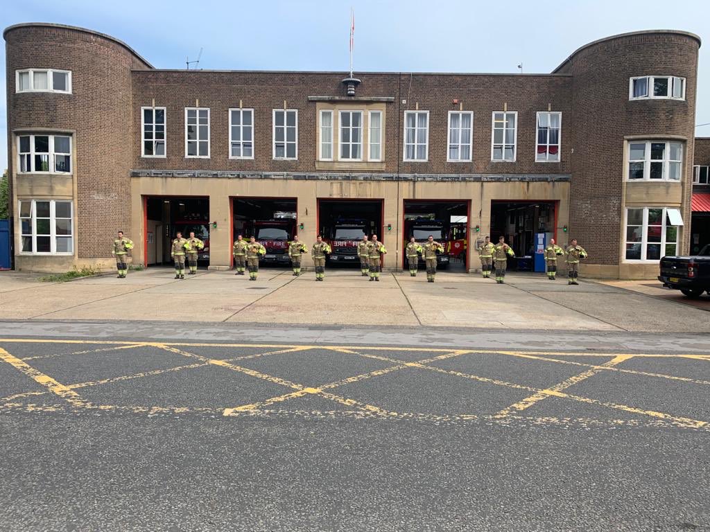 LFBEnfield's tweet photo. VE day 75 year anniversary 2 minute silence proudly observed by Edmonton white watch this morning #VEDay75 #LestWeForget https://t.co/uZ2hN7CBqT