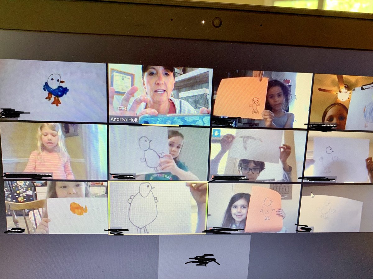 Adholt_VB's tweet photo. After a few bird activities and hearing books read aloud about birds, what a fun way to end the week with a directed drawing Zoom meeting. I love seeing my kiddos each week. One student even came prepared with his Angry Bird hat! 😊😂 #KGES https://t.co/ckcXvzBhLK