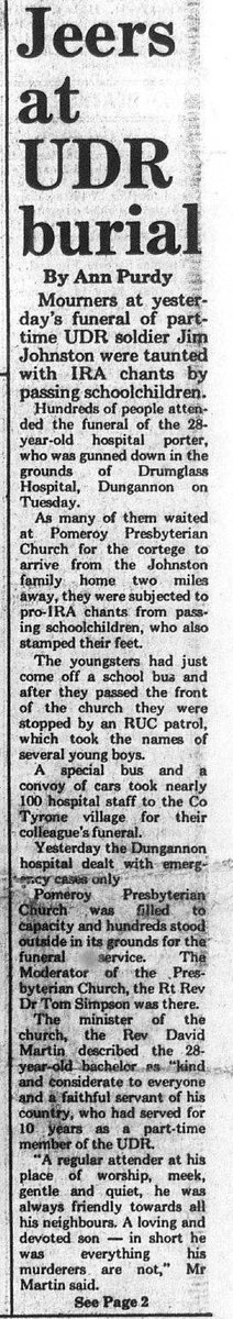 #OnThisDay in 1984 the IRA murdered Noel James Johnston (Jim), 28. Hospital porter shot in Dungannon hospital carpark. Cookstown woman held hostage overnight &amp; car stolen for attack on off-duty UDR. “They didn’t give him time to turn the car radio off. It was playing away” #OTD