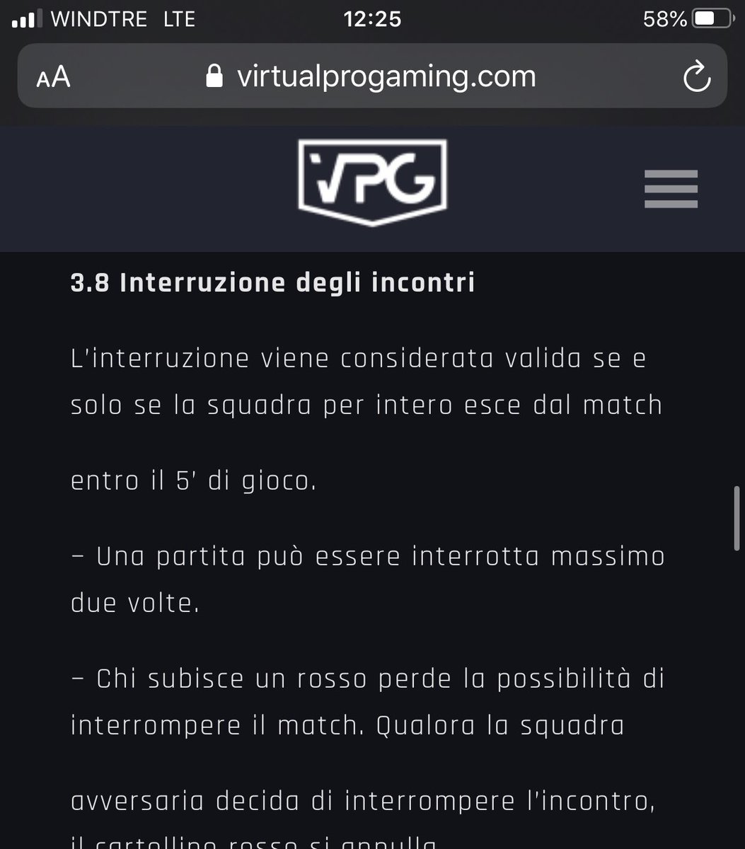 l interruzione e' valida solo la squadra per intero esce dal match.. eppure a noi hanno tolto una vittoria perche secondo <a href="/VPG_Italy/">VPG Italy</a>  , il regolamento in casi eccezionali puo' essere modificato. ecco cosa succede quando la squadra avversaria ha piu importanza