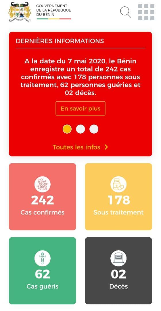#CORONAVIRUS - Point de la situation à la date du 7 mai 2020.

A la date du 7 mai 2020, le Bénin enregistre un total de 242 cas confirmés avec 178 personnes sous traitement, 62 personnes guéries et 02 décès.
Lisez le point complet #covid19bj => 
gouv.bj/actualite/657/