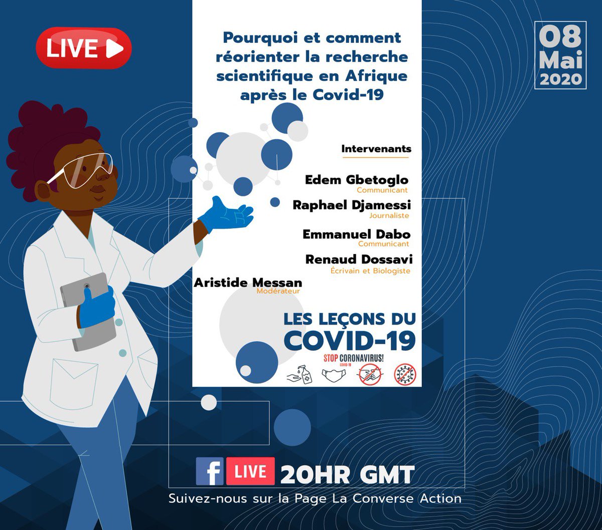 converseaction's tweet photo. Pourquoi et comment réorienter la recherche scientifique en Afrique après le Covid-19

Rejoignez-nous pour en parler  ce vendredi 8 mai 2020 à partir 20h GMT sur la page Facebook de La Converse-Action

👉https://t.co/pPH9GTZj4r

#Covid19TG #FightCOVID19 #Covid_19 https://t.co/a0qHO0L8Zj