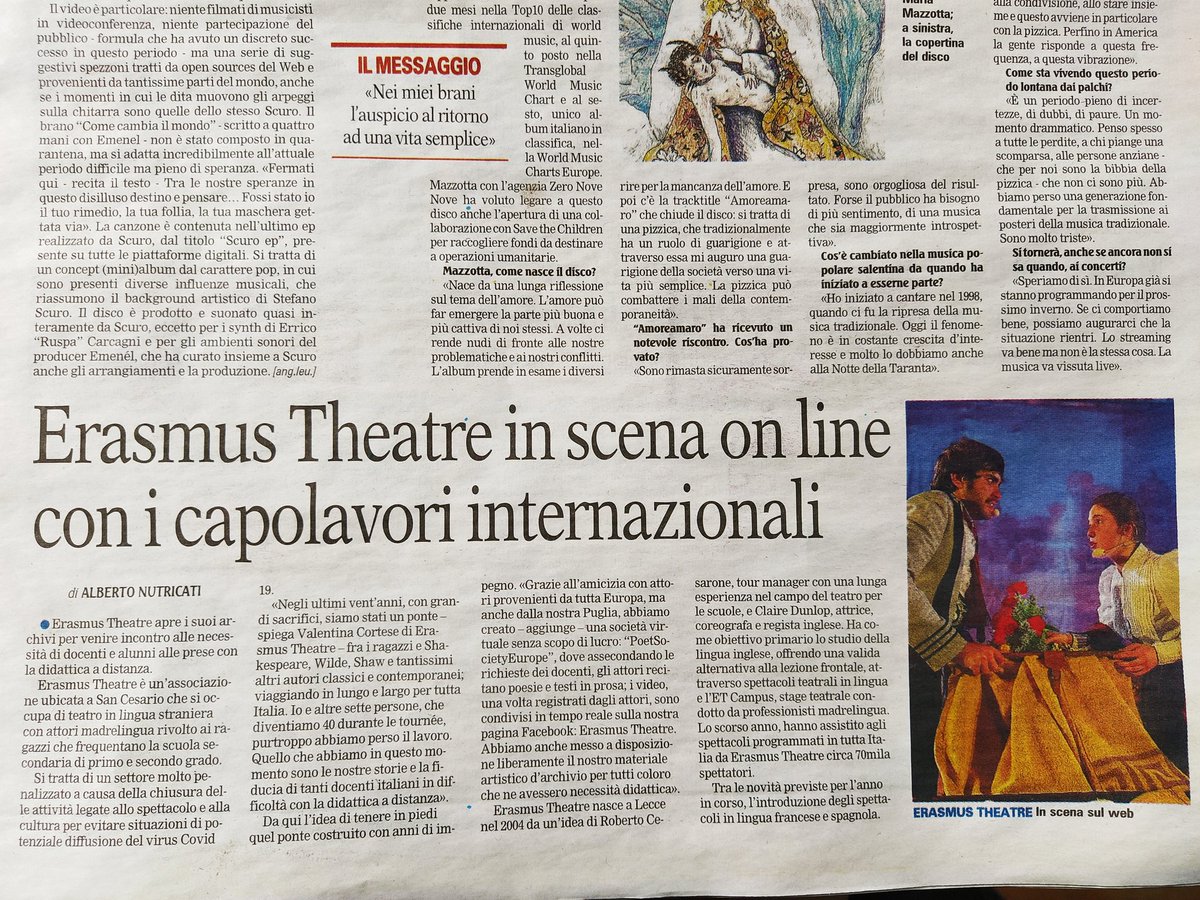 ErasmusTheatre's tweet photo. La #gazettadelmezzogiorno del 7 maggio. il  teatro è tra i primi #socialnetwork  e a noi piace condividere la nostra passione e la nostra storia!il #COVID19 è solo una pausa per chi realmente vuole andare avanti! #COVID19 #SeeYouSoon #didatticaadistanza https://t.co/LF7OzA2Ewt