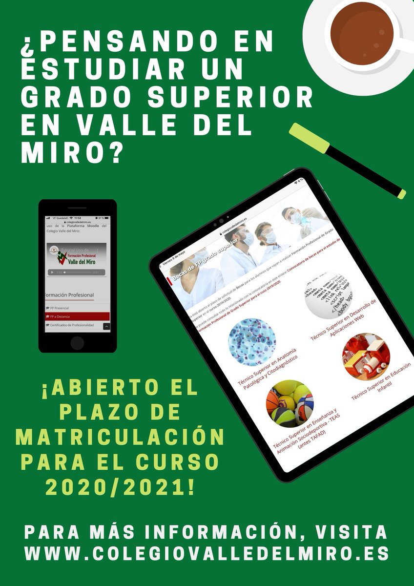 ValledelMiro's tweet photo. Hemos abierto el plazo de matriculación de Grado Superior para el curso 2020/2021. Solo para nuevos alumnos/as. Para más información, accede a nuestra web: https://t.co/LHOmlZUf1h #FP https://t.co/2zSsVjMIb6
