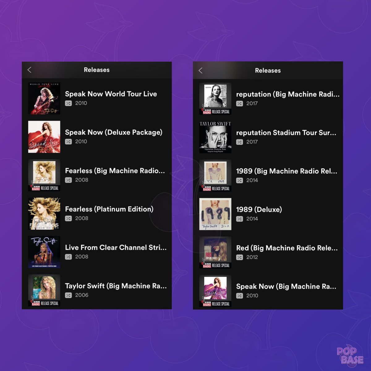 PopBase's tweet photo. Big Machine Records seemingly removes Reputation, Speak Now, Red (Deluxe) and Self Titled from Taylor's Spotify page. https://t.co/LJT5UePxqH