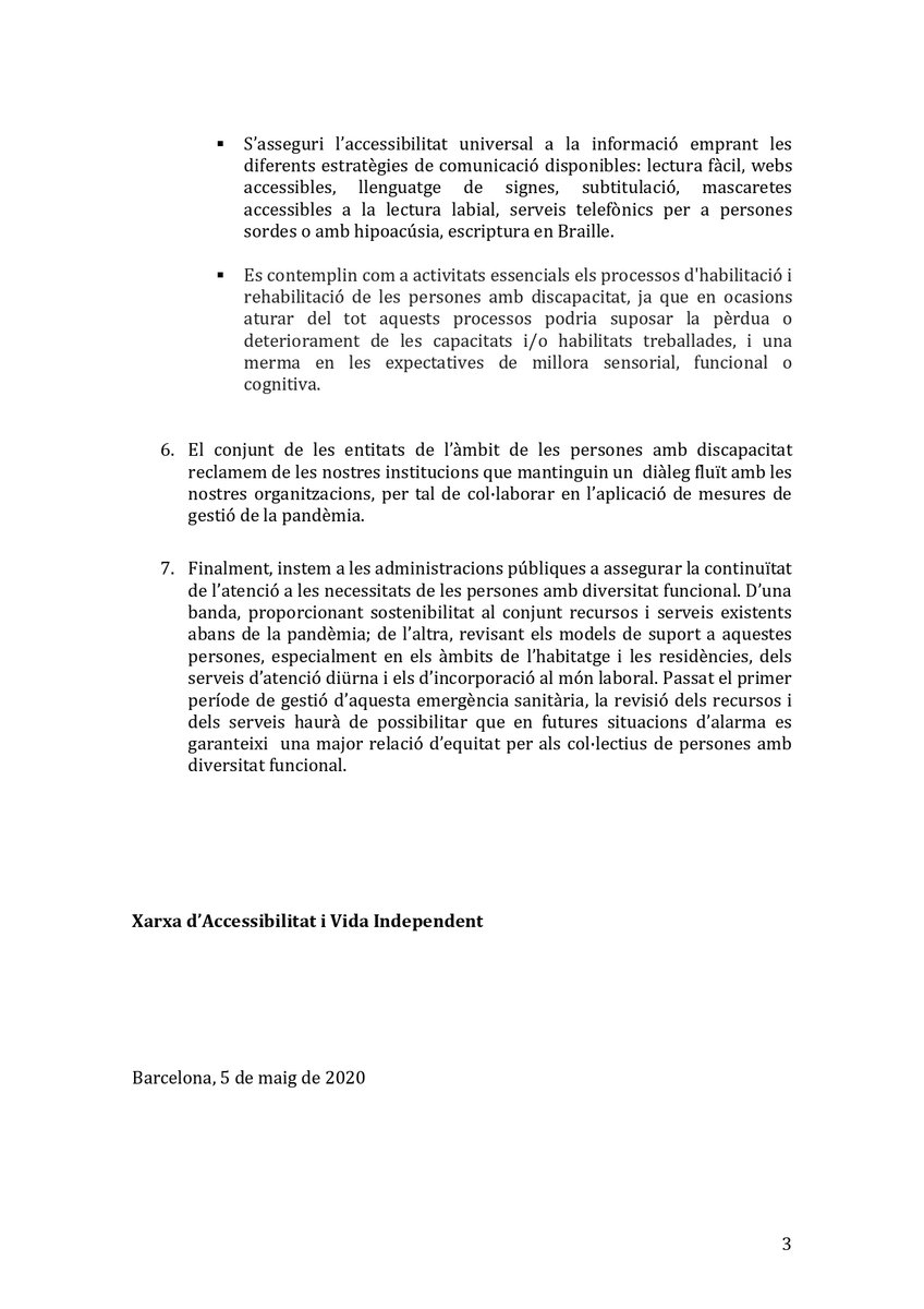 Totes les entitats que formem la Xarxa d'Accessibilitat i Vida Independent #XAVI, signem el manifest que recull el posicionament comú davant la gestió feta d'aquesta pandèmia amb el col·lectiu de persones amb #discapacitat acidh.org/general/posici… #Covid19   #inteligencialimit