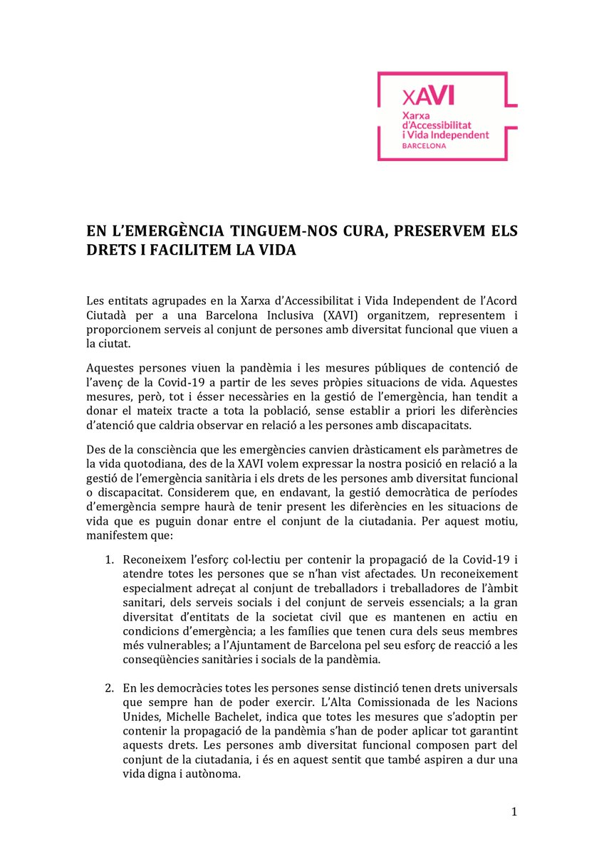 acidH_IL's tweet photo. Totes les entitats que formem la Xarxa d'Accessibilitat i Vida Independent #XAVI, signem el manifest que recull el posicionament comú davant la gestió feta d'aquesta pandèmia amb el col·lectiu de persones amb #discapacitat https://t.co/trKIfBQjc2 #Covid19   #inteligencialimit https://t.co/ppWC9njBaW