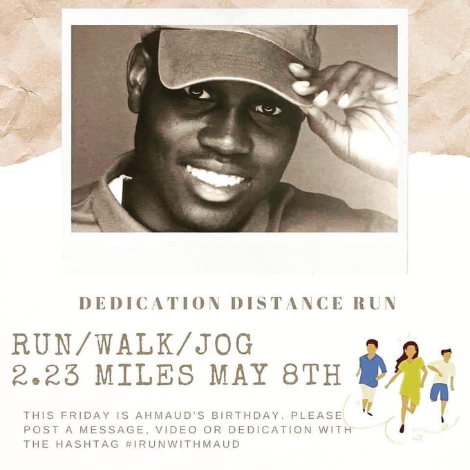 ATLtrackclub's tweet photo. The shooting death of Ahmaud Arbery made all too painfully clear the fear and risks that can be felt by black runners every day. 

Today, Atlanta Track Club encourages you to run 2.23 miles in memory of Ahmaud and in solidarity that everyone has the right to run. #IRunWithMaud https://t.co/VLGhQvp7Fd
