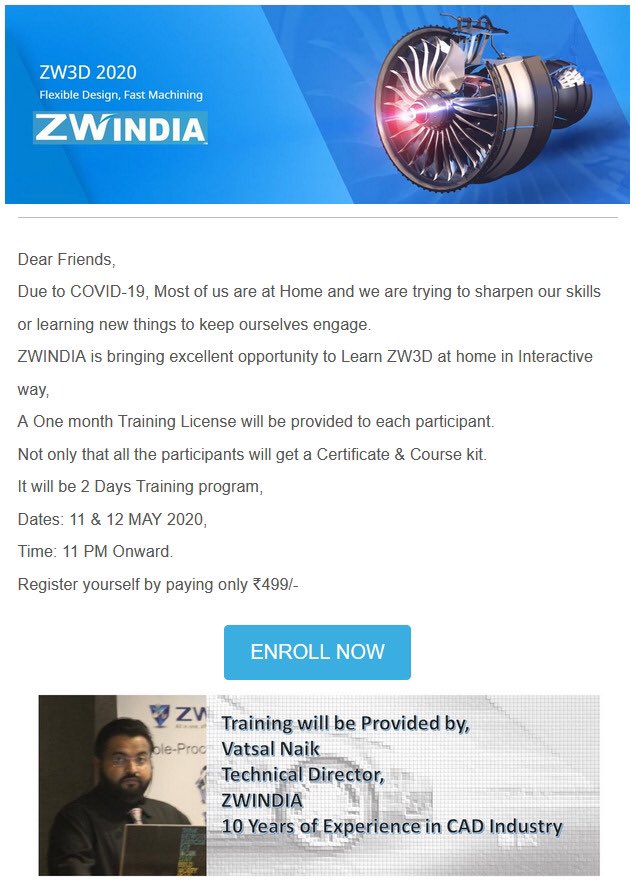 AnubhabHazra's tweet image. Registration link for ZW3D online training on 11th and 12th May. Enrol and avail certificate and home license 
forms.gle/9mevb1sSnLgket…