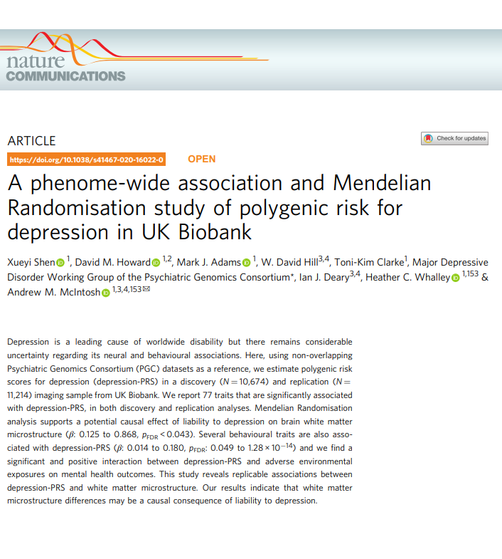Used_For_Glue's tweet photo. New research looks at the relationships between genetic risk for #depression and various traits &amp; the brain using @uk_biobank

For me, the most interesting finding is the causal effect of genetic risk for depression on white matter microstructure ☹️➡️🧠

https://t.co/JlCtc0t3is https://t.co/Fm7ahKTt4f
