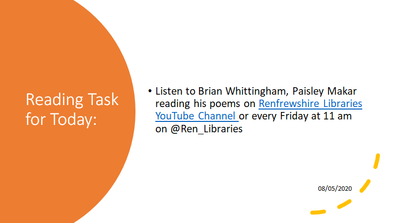 StAndrews_Lib's tweet photo. #Readingtask from your School Library today is to listen Brian Whittingham, Paisley Makar, reading his poems on Renfrewshire Libraries YouTube Channel @RenLibraries https://t.co/4jIBkK892p