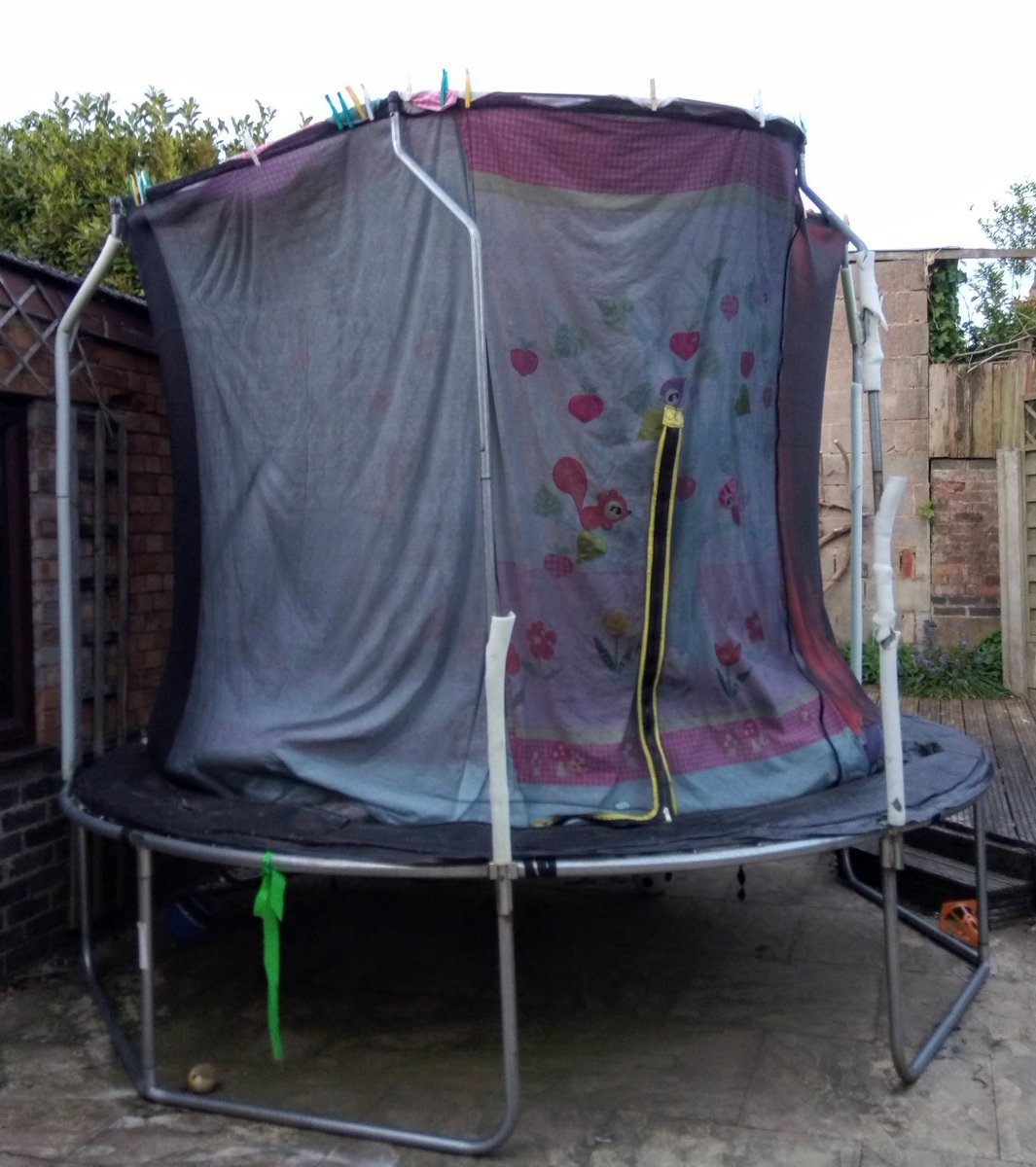 astro1978cleo's tweet photo. @barwellacademy the girls and I were honing our building skills last night using blankets, pillows and pegs to turn the trampoline into a yurt 😆 it was very successful and the girls had a great night in it and actually managed to get some sleep too...bonus 👍 https://t.co/M61MpMvqZS