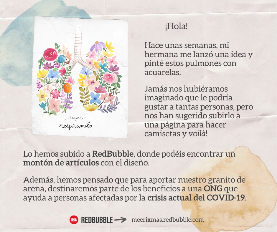 meerixmas's tweet photo. ¡Hola!
Os presento mi página de @redbubble (en las fotos explico con detalle todo).
Para aportar un granito de arena, destinaremos parte de los beneficios a una ONG que ayuda a personas afectadas por la crisis actual del COVID-19.
Espero que os guste💙🍀🌸
https://t.co/jxxda7sOpG https://t.co/8vw5nLJA0m