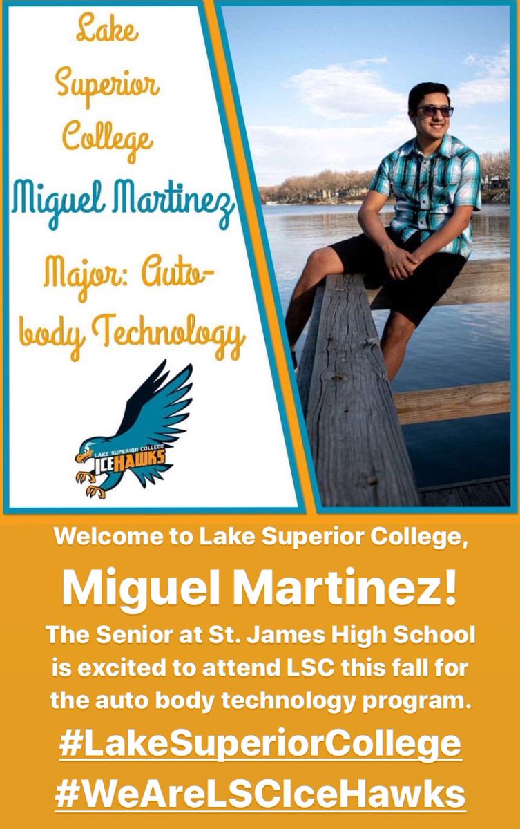 LSC_Duluth's tweet photo. Welcome to Lake Superior College, Miguel Martinez! The Senior at St. James High School is excited to attend LSC in Duluth this fall for the auto body technology program. #LakeSuperiorCollege #LSCproud #FutureIceHawk #AutoBodyTech #Duluth #DestinationCampus #WeAreLSCIceHawks https://t.co/tk7Zqg3aKT