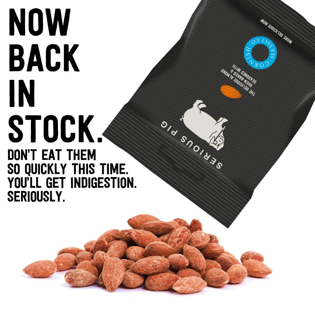 SeriousPig's tweet photo. The delicious almond.
Oven baked and seasoned with @CornishSea_Salt 
More delicious now.
Back in stock for all you nutters out there. Seriously.
#californianalmonds #cornishseasalt #seasalt #nuts #almonds #bakednuts #goeswellwith #seriouspig #clubseriously #seriously https://t.co/utLaP77Lg7