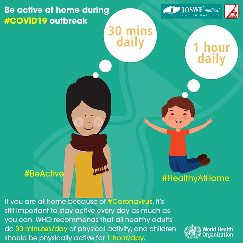 AfrabChem's tweet photo. 🏢 If you are at home because of #coronavirus, it's important to stay active every day as much as you can. @WHO recommends that all healthy adults do 30 mins/day of physical activity, and children should be physically active for 1 hour/day.

#HealthyAtHome #COVID19 https://t.co/sgo0hhjiwH