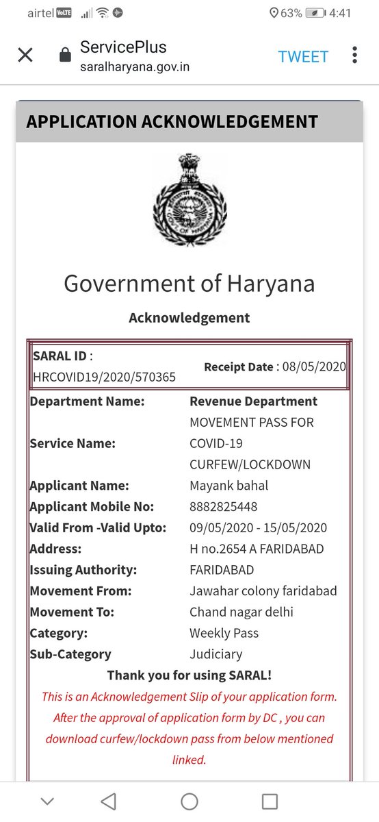 mayank_bahal's tweet photo. @gyanveer987 Sir kar diya apply plz sir jitna jaldi ho sake karwa dijiye @gyanveer987 @DC_Faridabad @cmohry https://t.co/Gcv86sXxiA