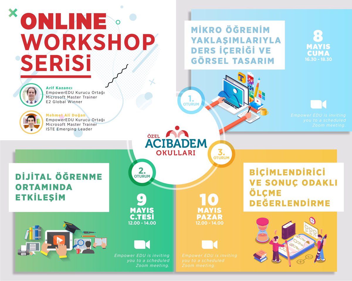 acibademkoleji's tweet photo. Online Workshop Serisi Başlıyor!
3 oturumdan oluşacak eğitimlerimizde Mikro Öğrenim Yaklaşımıyla Ders ve Görsel Tasarım, Dijital Öğrenme Ortamında Etkileşim, Biçimlendirici ve Sonuç Odaklı Ölçme-Değerlendirme üzerine öğretmenlerimize hizmet içi eğitimler sağlamaya devam ediyoruz. https://t.co/ZyiZdnYzLu