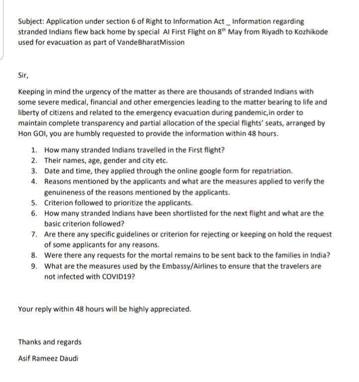 asiframeez's tweet photo. Dear sir @IndianEmbRiyadh @drausaf I have filed this RTI to obtain some crucial information regarding the emergency evacuation flights.Considering the urgency,I humbly request you to provide the information within 48 hours.
Jai Hind 
@DrSJaishankar @MEAIndia @CGIJeddah https://t.co/YAFFnISGJH